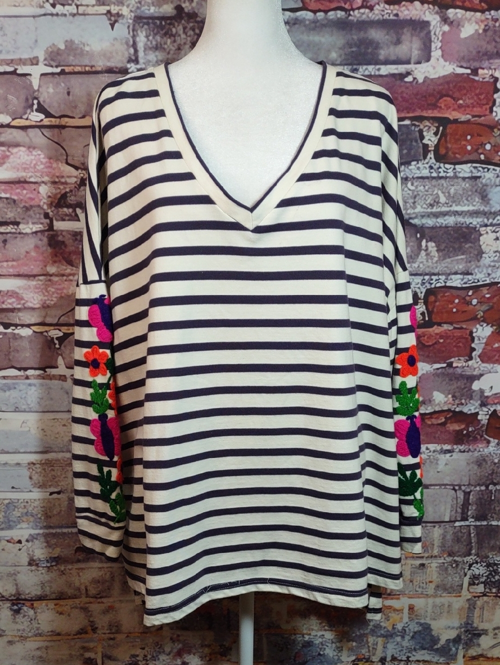 Gallabia French Terry Striped V-Neck Tunic with Floral Embroidered Sleeves